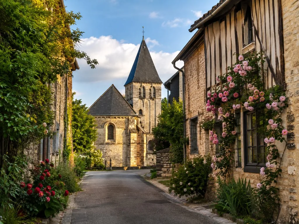 Dorfstraße von Giverny und Kirche Sainte-Radegonde